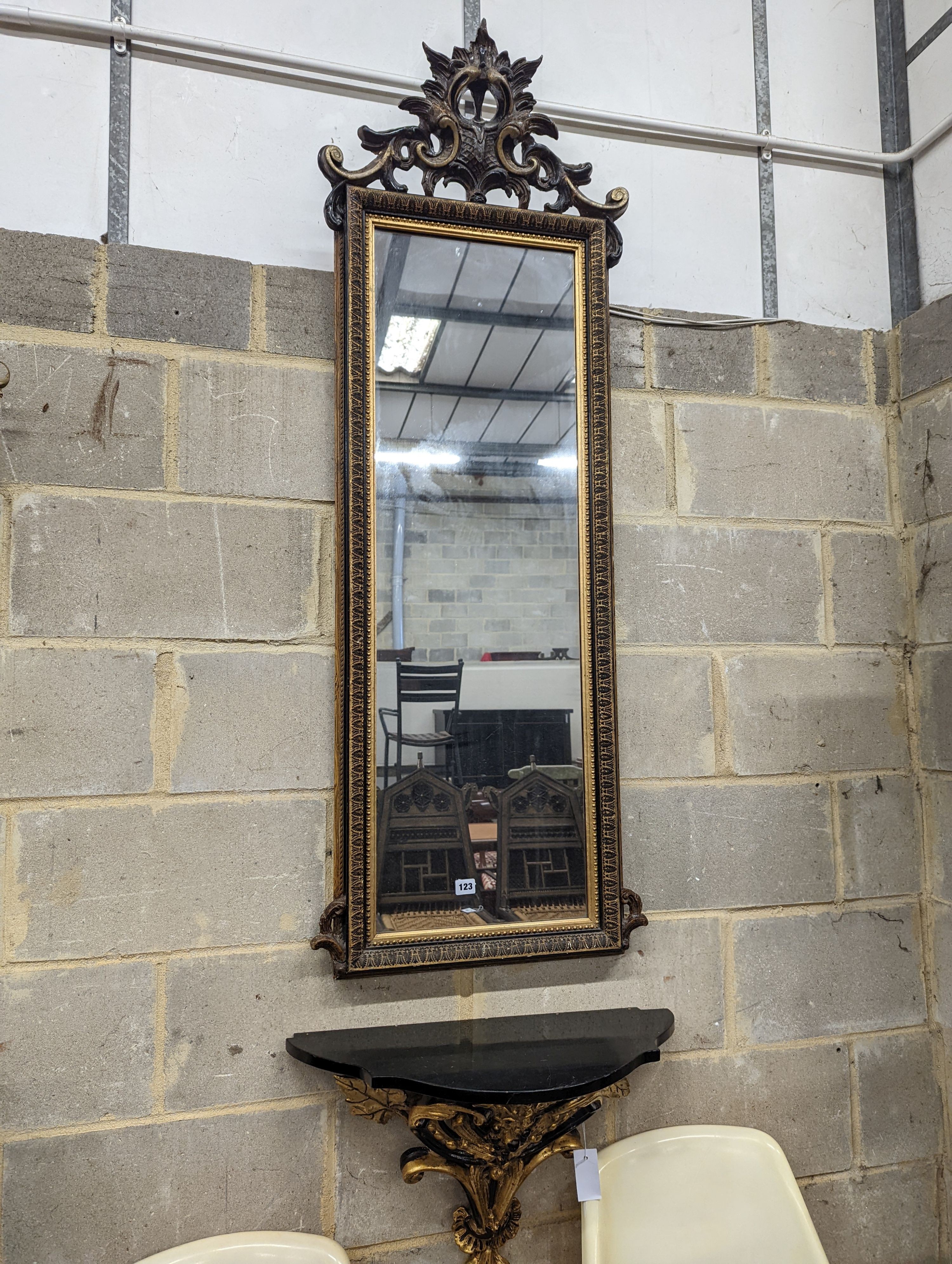 A Regency style pier glass and console table, mirror width 54cm, height 146cm.